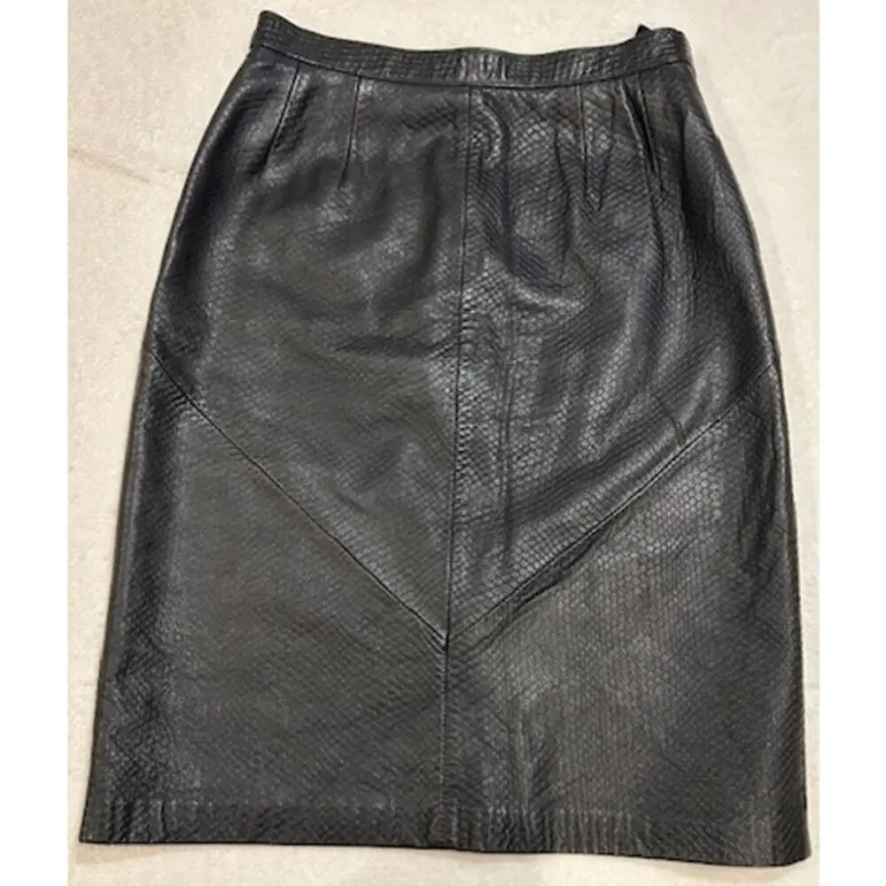 WILSONS Black Genuine Leather Luxe Snake Reptile Textured Skirt Vintage MEDIUM